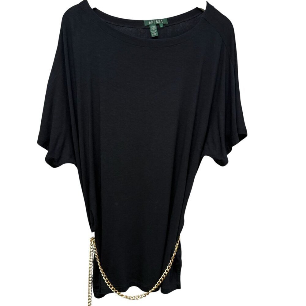 LAUREN Ralph Lauren Top w/ Removable Chain Logo Belt Large Black Tee Womens